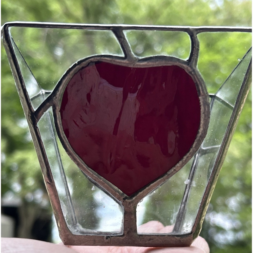 Vintage Stained Glass Heart Votive Candle Holders Set of 2 Red Clear Tapered Sqr